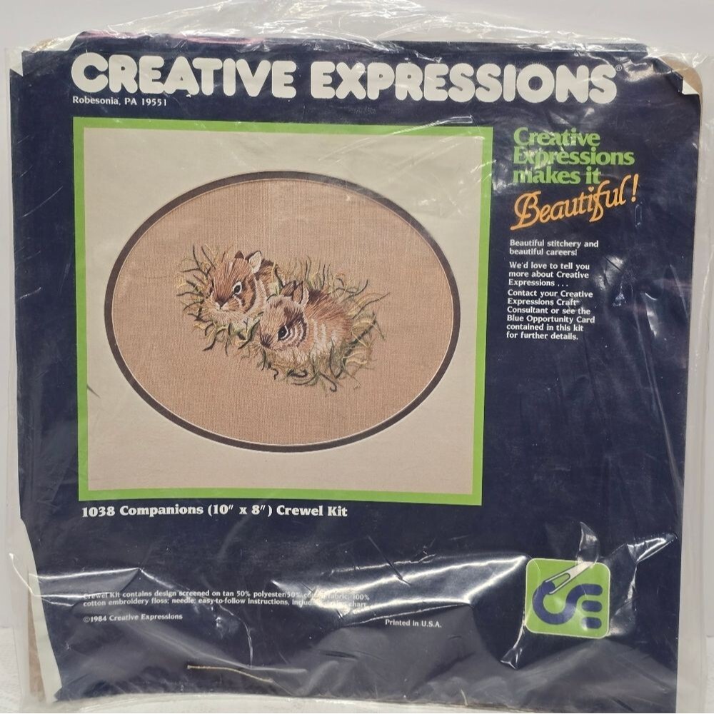 VTG 1984 Creative Expressions 10" x 8" Companions Crewel Kit New #1038 Bunnies